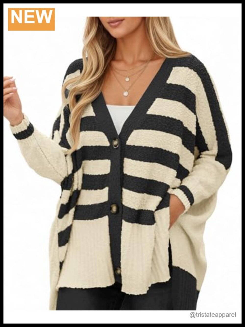 Oversized Striped Fuzzy Knit Cardigan Women Button Down Long Sleeve